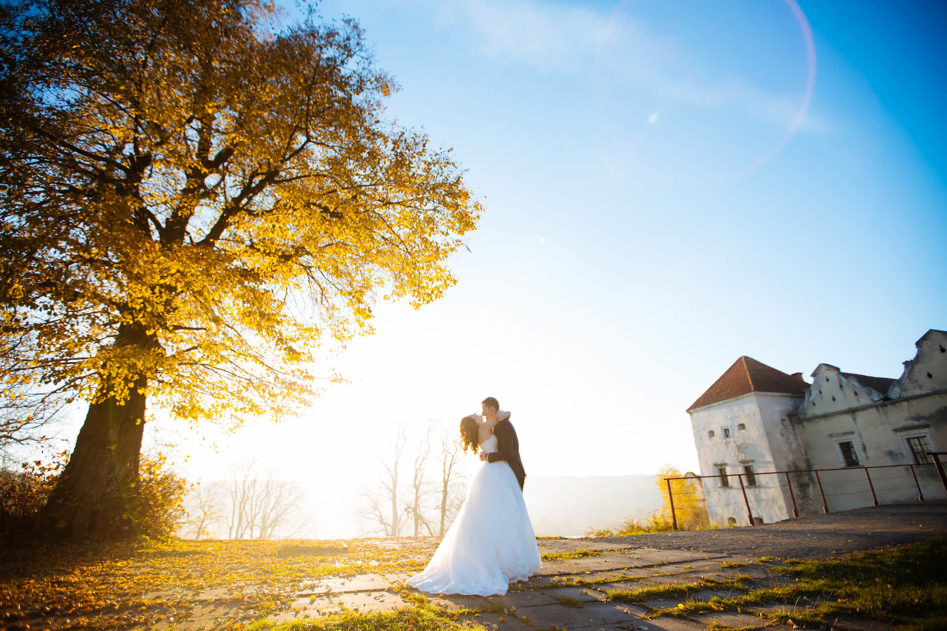Podzimní svatba zalitá sluncem pod velkým stromem